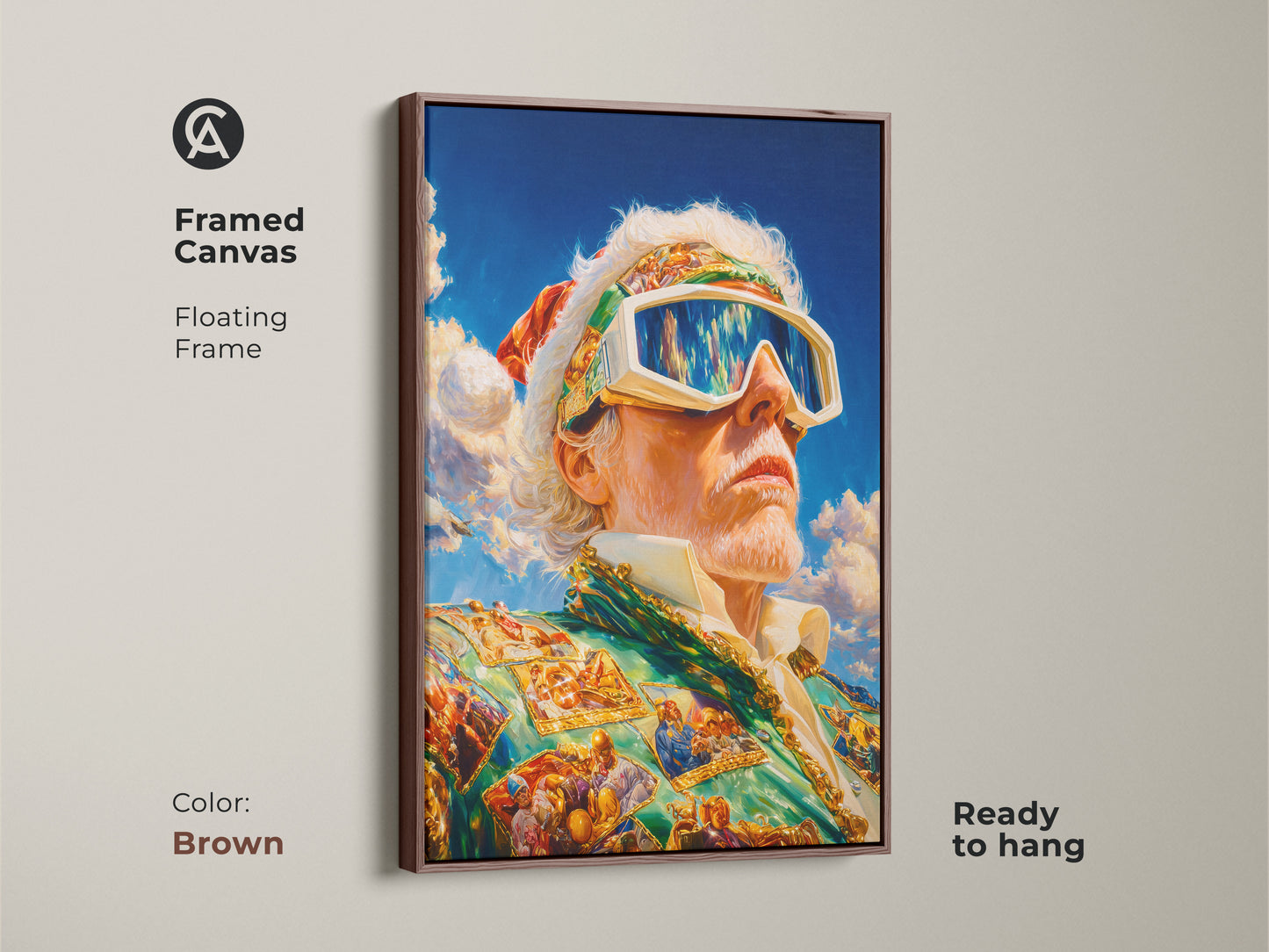 Framed canvas art with a brown floating frame is displayed. A man in goggles and a suit is the artwork's focus. The art is ready to hang. The brown frame enhances the art's warmth. A great choice for classic art lovers.