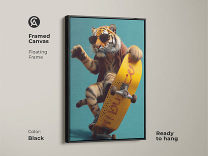 Framed in Black Canvas a tiger is on a yellow skateboard. It is an urban surrealism wall art piece. This cool animal artwork is ready to hang. Perfect as canvas art for a gaming room.