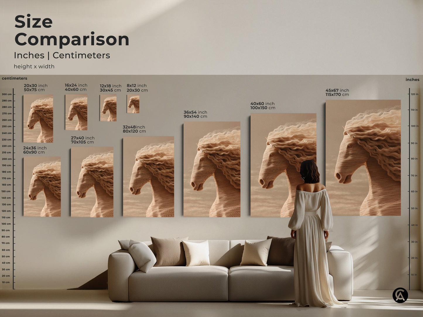 Size comparison of minimalist horse art prints in a living room setting. Available in various sizes inches and centimeters. This cream tan beige artwork adds a touch of equestrian charm. Ideal for creating a stylish and inviting atmosphere.
