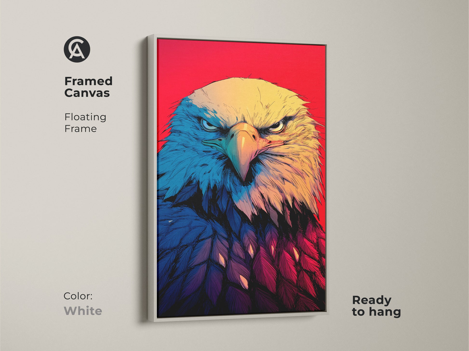 A framed canvas features a Bald Eagle Print with a White floating frame. The wildlife artwork is ready to hang. See the striking close-up portrait set against a vibrant red backdrop. This bold illustration style adds a patriotic touch. Notice the yellow blue and red hues. This wildlife canvas enhances any decor. It's ideal for contemporary graphic styles.