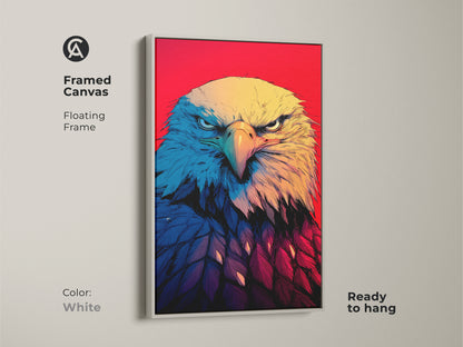 A framed canvas features a Bald Eagle Print with a White floating frame. The wildlife artwork is ready to hang. See the striking close-up portrait set against a vibrant red backdrop. This bold illustration style adds a patriotic touch. Notice the yellow blue and red hues. This wildlife canvas enhances any decor. It's ideal for contemporary graphic styles.