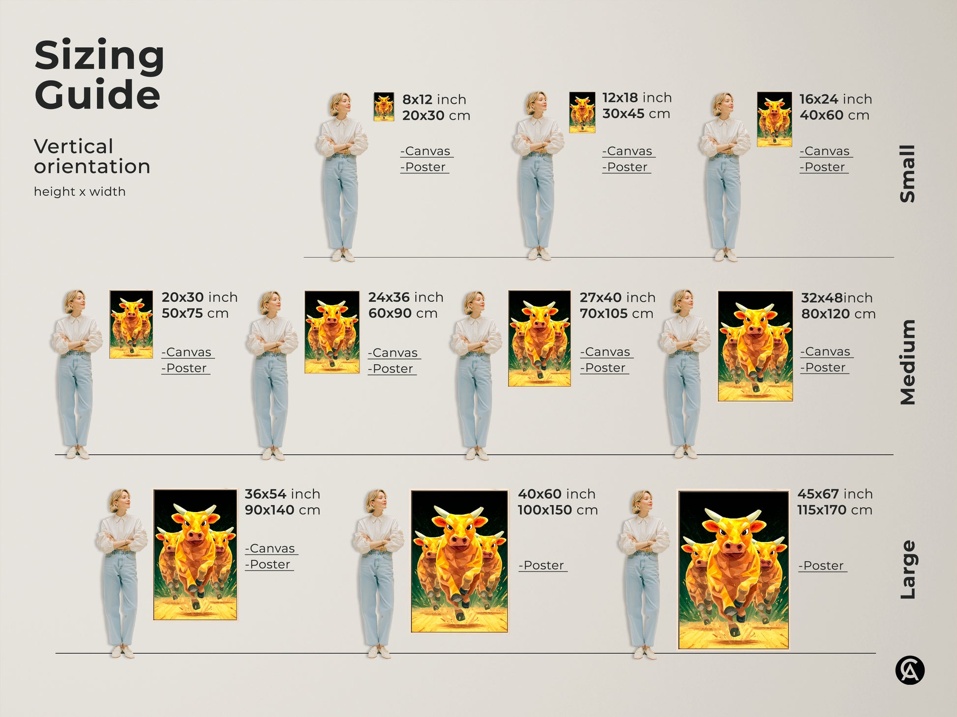 Sizing guide for the golden cows artwork. Vertical orientation options include canvas and poster prints in small medium and large sizes. Find the perfect fit for your space. The geometric low polygon animal art print adds a modern touch. Enhance your walls with this dynamic animal art piece.