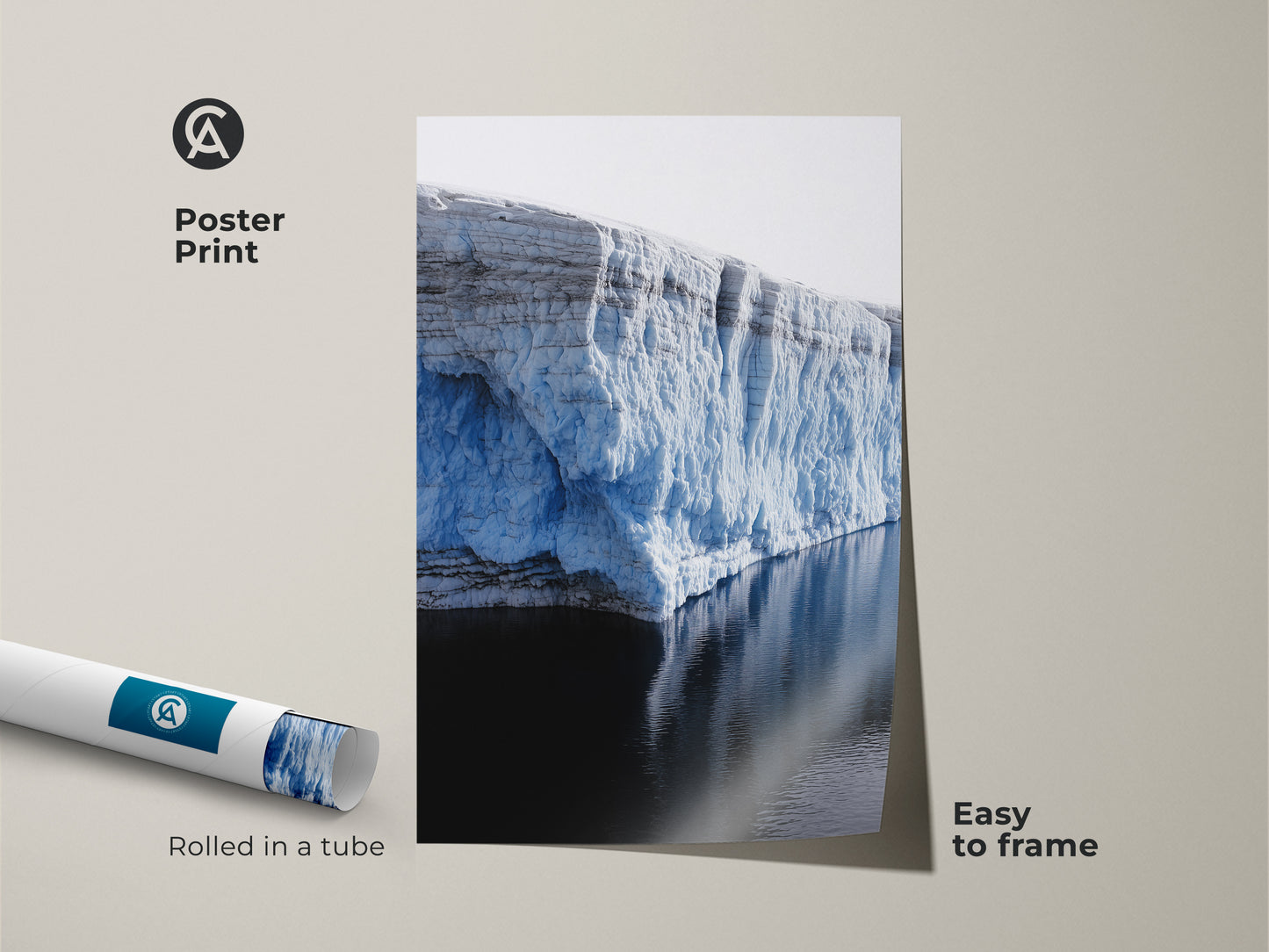 Poster print of an ice blue glacier. This arctic landscape is a minimalist nature photography print. It is an easy to frame modern nature wall art. Rolled in a tube for travel themed decor.