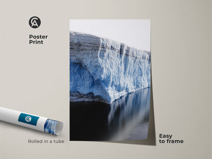 Poster print of an ice blue glacier. This arctic landscape is a minimalist nature photography print. It is an easy to frame modern nature wall art. Rolled in a tube for travel themed decor.