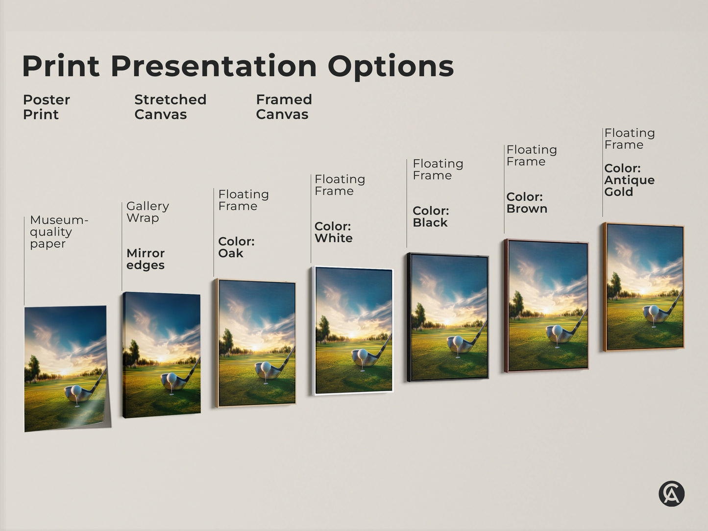 Explore various print presentation options for golf course sunset artwork. Choose from poster prints stretched canvas and framed canvas. Each option highlights the beauty of the golf course. Find the perfect style to match your decor. Shop now.