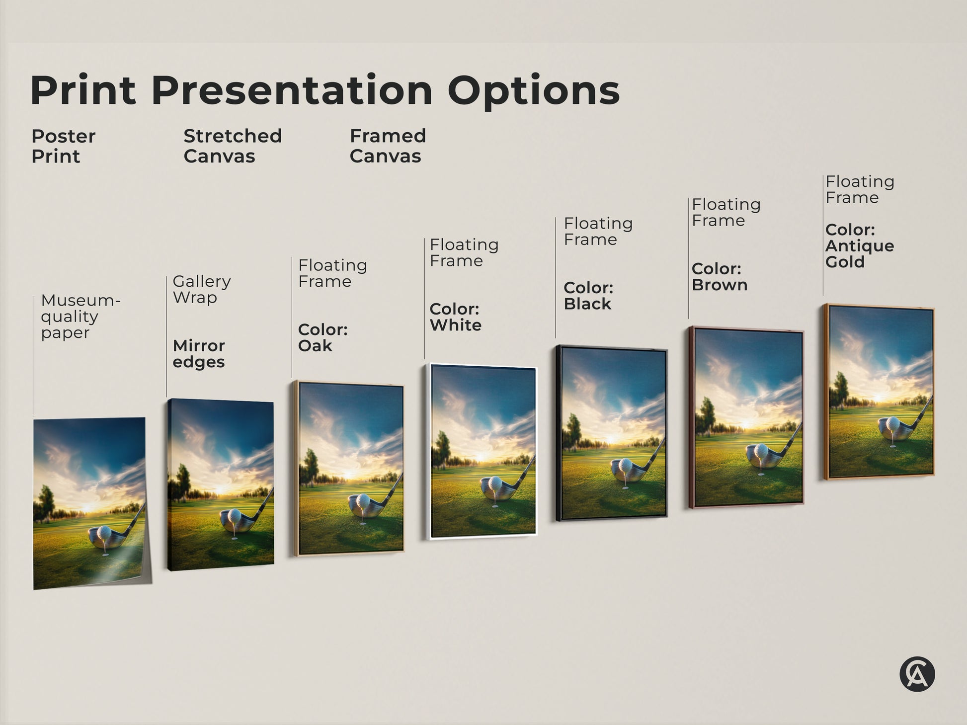 Explore various print presentation options for golf course sunset artwork. Choose from poster prints stretched canvas and framed canvas. Each option highlights the beauty of the golf course. Find the perfect style to match your decor. Shop now.