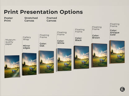 Explore various print presentation options for golf course sunset artwork. Choose from poster prints stretched canvas and framed canvas. Each option highlights the beauty of the golf course. Find the perfect style to match your decor. Shop now.