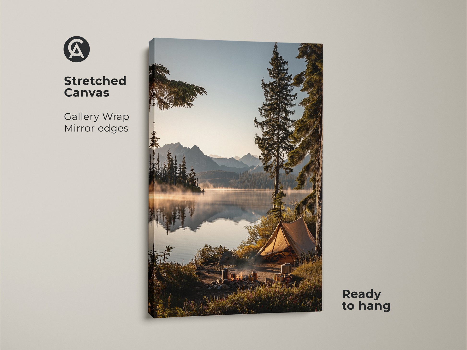 A stretched canvas gallery wrap of mountain lake camping art with mirror edges. This rustic tent canvas print showcases an outdoor adventure wall art. It is ready to hang and brings a nature landscape decor feel to any space. Perfect as cozy cabin art or a serene lake view print.