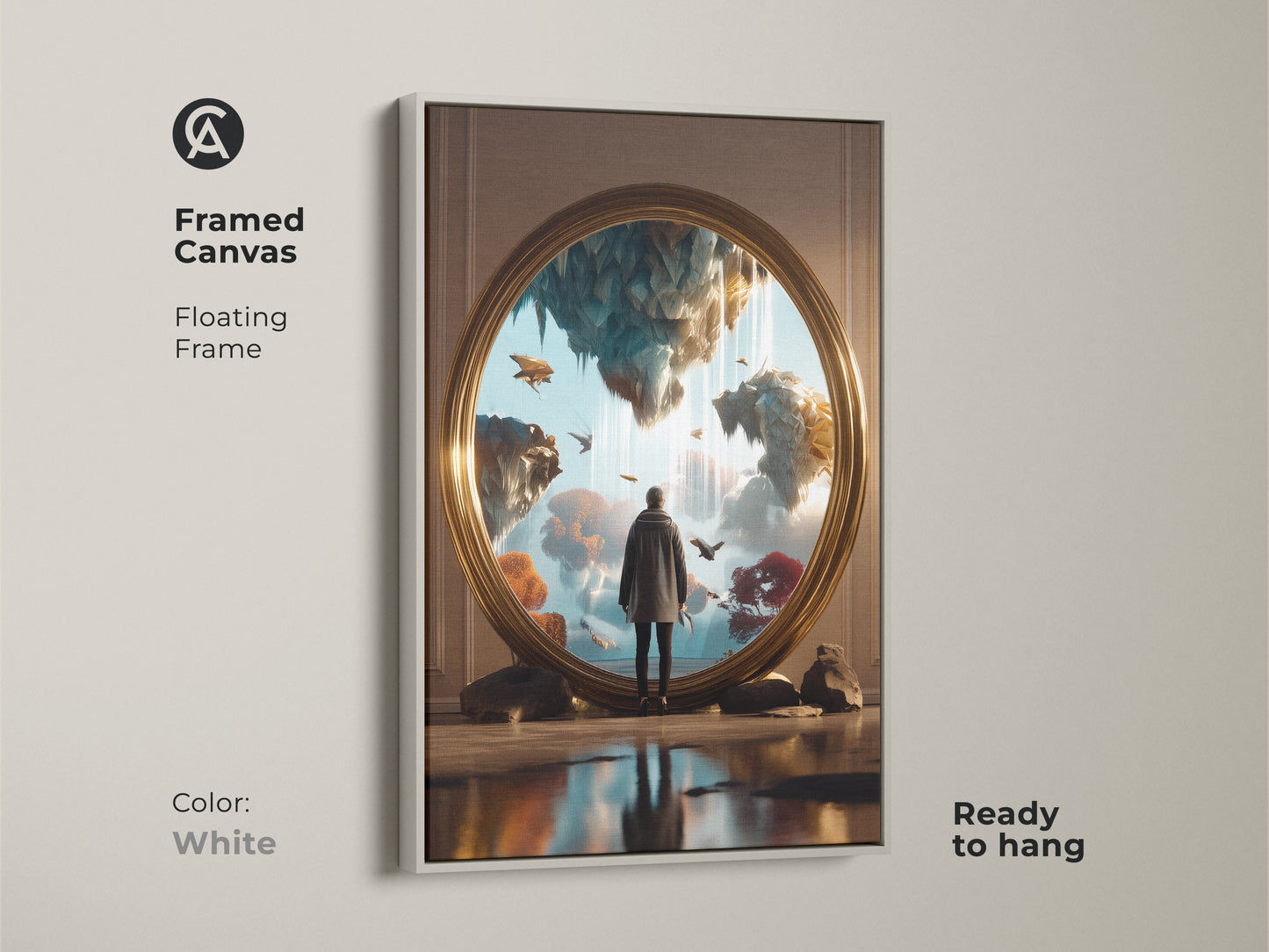 Framed Canvas showcasing surreal floating islands art with a white floating frame. This fantasy artwork is ready to hang. Gold teal blue wall art enhances eclectic decor. A dreamer gift for unique wall art lovers. Perfect for bedroom aesthetic.