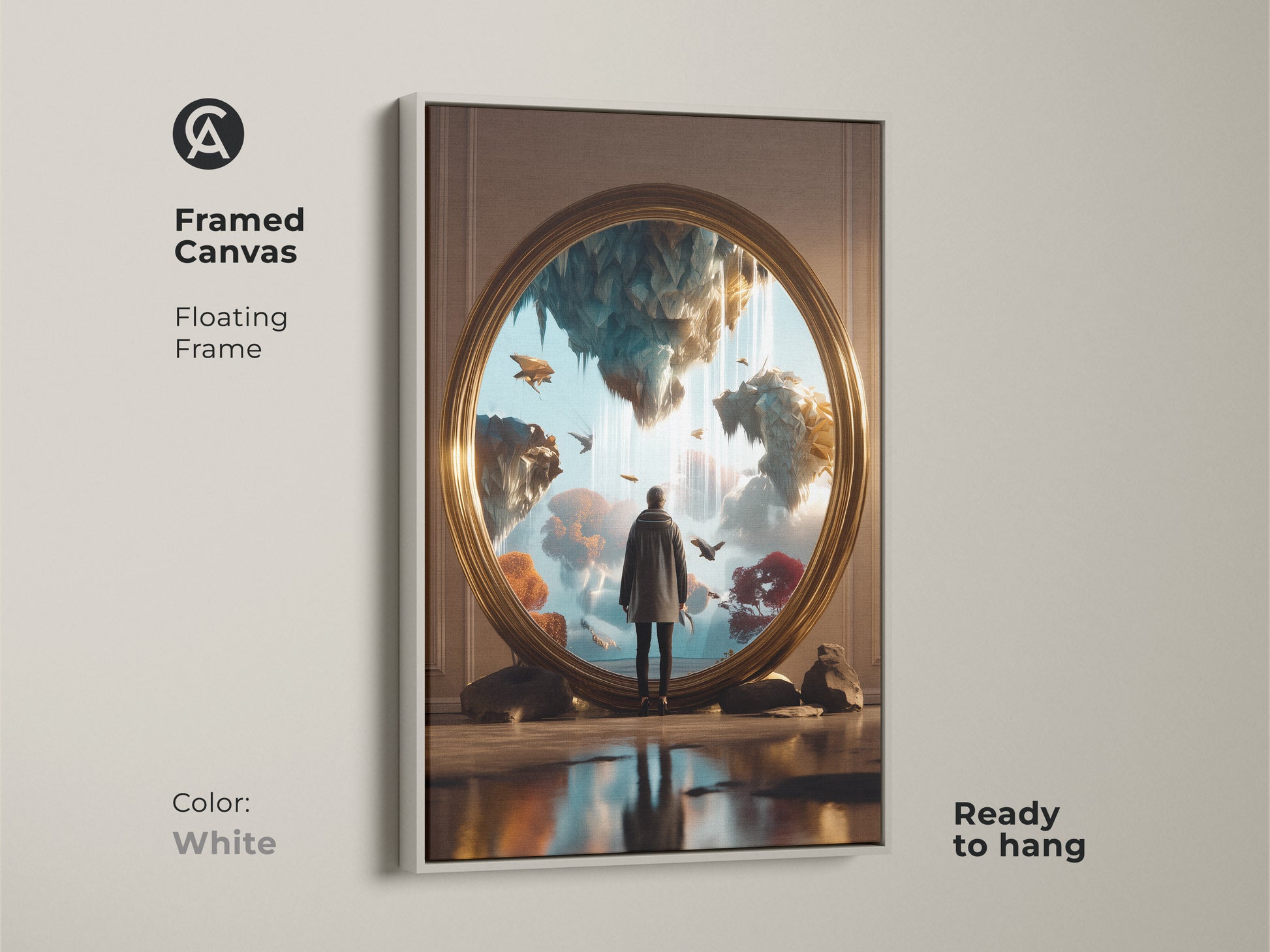 Framed Canvas showcasing surreal floating islands art with a white floating frame. This fantasy artwork is ready to hang. Gold teal blue wall art enhances eclectic decor. A dreamer gift for unique wall art lovers. Perfect for bedroom aesthetic.