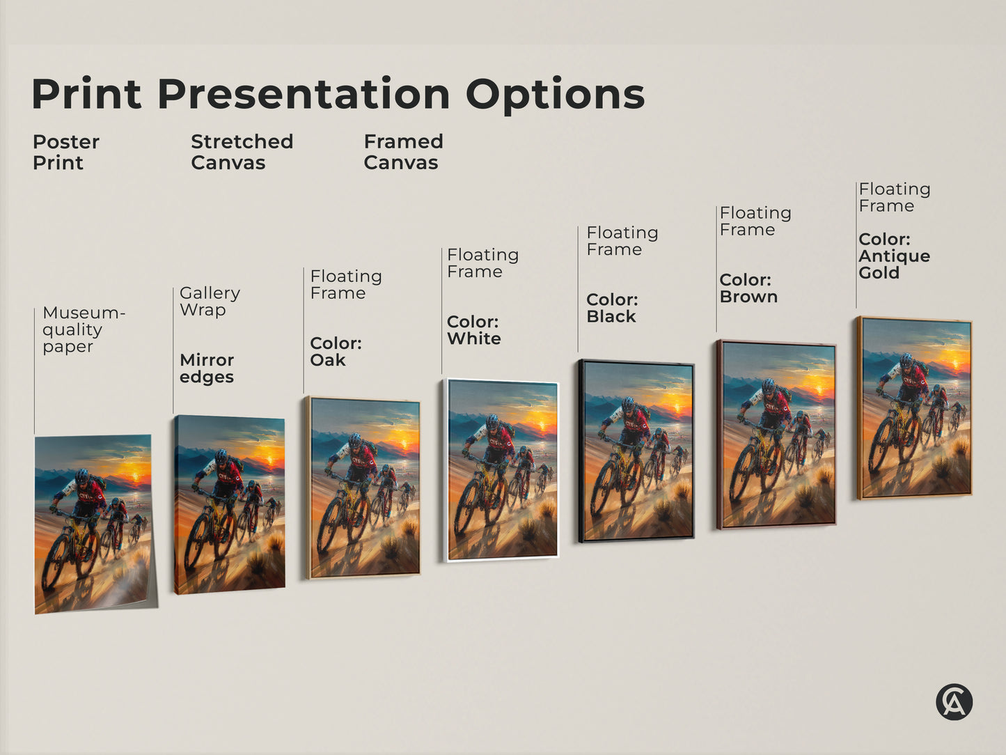 Explore the presentation options for this mountain biking canvas. See poster prints stretched canvases and framed canvases with various floating frame colors. Museum-quality paper gallery wrap and mirror edges enhance each piece. Perfect adventure landscape wall artwork to match any style.