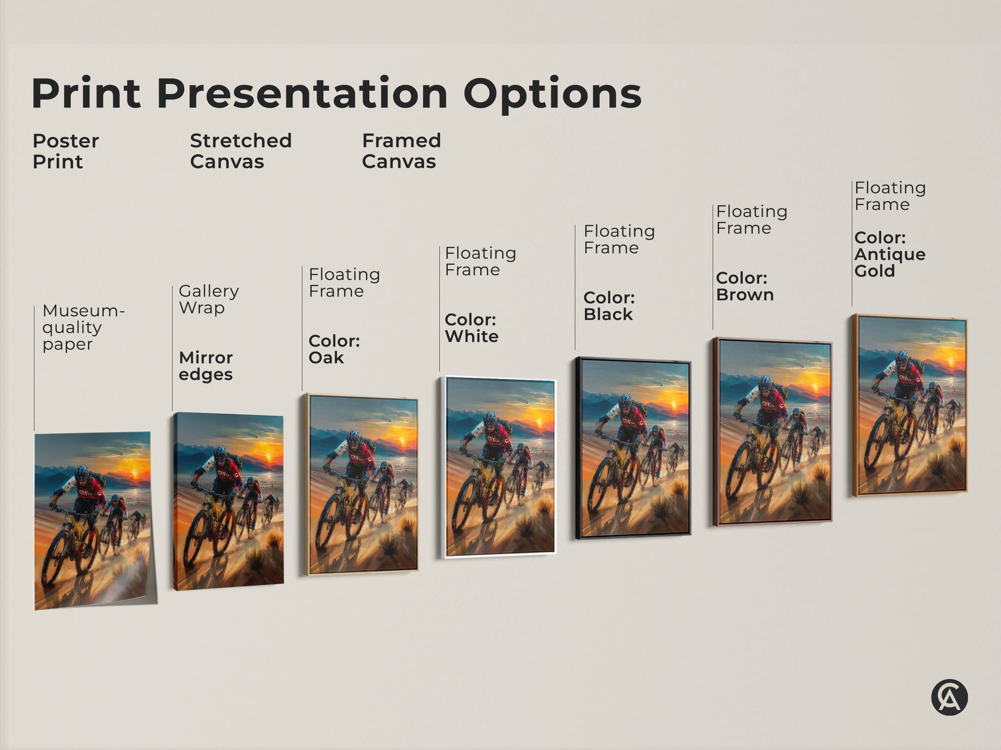 Explore the presentation options for this mountain biking canvas. See poster prints stretched canvases and framed canvases with various floating frame colors. Museum-quality paper gallery wrap and mirror edges enhance each piece. Perfect adventure landscape wall artwork to match any style.