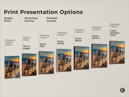 Explore the presentation options for this mountain biking canvas. See poster prints stretched canvases and framed canvases with various floating frame colors. Museum-quality paper gallery wrap and mirror edges enhance each piece. Perfect adventure landscape wall artwork to match any style.
