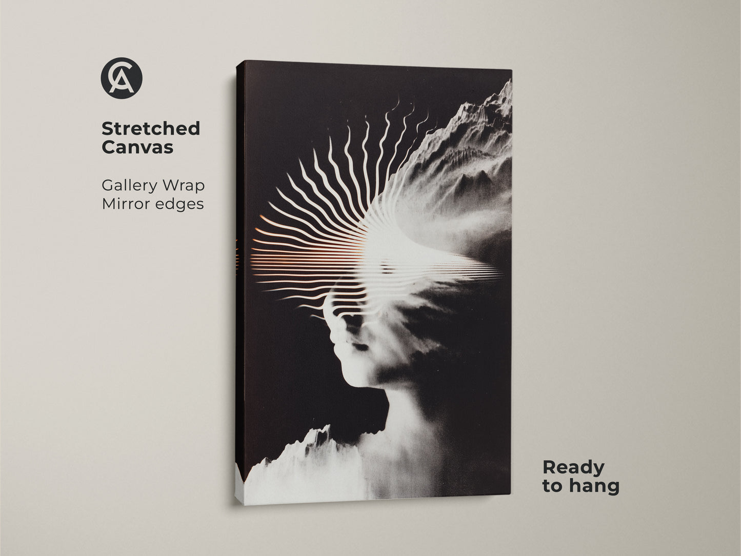This image displays a stretched canvas featuring an abstract surreal face and mountain artwork. It is a modern black and white print. The gallery wrap has mirror edges. Ready to hang for instant office or home decor upgrade. A unique piece for contemporary art lovers.