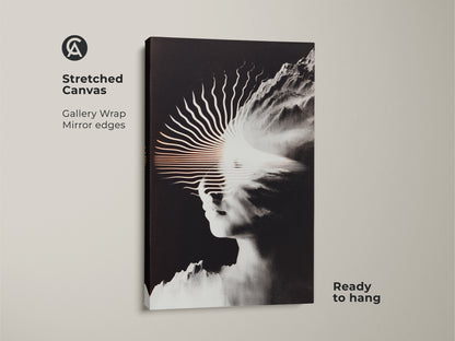 This image displays a stretched canvas featuring an abstract surreal face and mountain artwork. It is a modern black and white print. The gallery wrap has mirror edges. Ready to hang for instant office or home decor upgrade. A unique piece for contemporary art lovers.