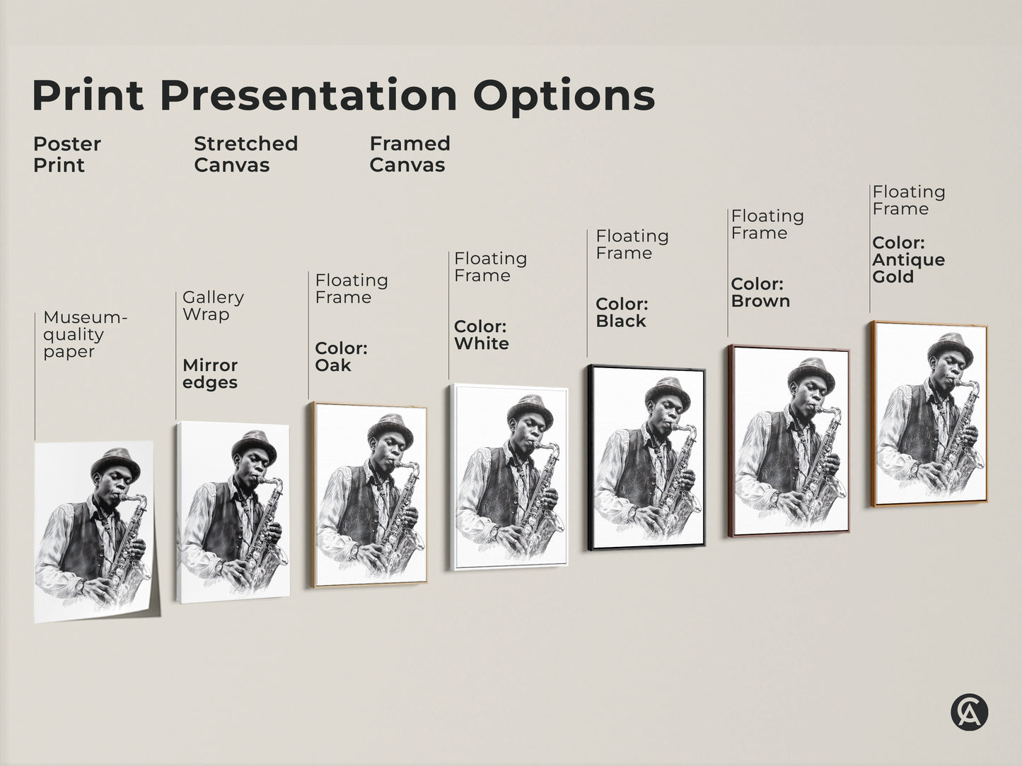 Explore art print presentation options. Choose from poster prints stretched canvas and framed canvas. Options include gallery wrap mirror edges and floating frames. Find the perfect style for your saxophone player artwork. Various colors available.