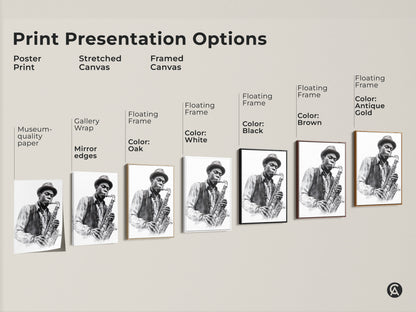 Explore art print presentation options. Choose from poster prints stretched canvas and framed canvas. Options include gallery wrap mirror edges and floating frames. Find the perfect style for your saxophone player artwork. Various colors available.