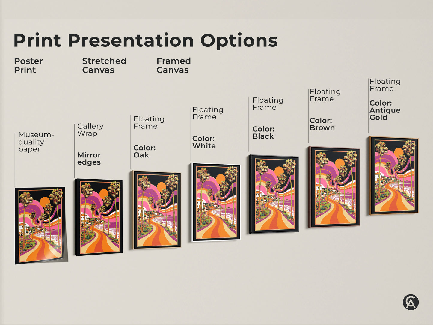 Sizing guide showcasing vertical orientation prints. See the retro coastal landscape art in small medium and large sizes. Visualize how the palm tree canvas print fits in your space. This piece features vibrant orange purple yellow decor. Shop now for perfect fit.