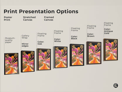 Sizing guide showcasing vertical orientation prints. See the retro coastal landscape art in small medium and large sizes. Visualize how the palm tree canvas print fits in your space. This piece features vibrant orange purple yellow decor. Shop now for perfect fit.