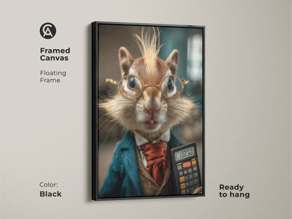 Framed canvas of a photorealistic chipmunk in a suit holding a calculator. Black floating frame. Ready to hang this office wall artwork makes a perfect gift for accountants or any business professional.