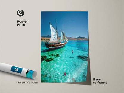 Discover our Sailboat Print available as an easy to frame poster. This coastal beach wall decor features a turquoise water art print. A nautical sailing artwork capturing a summer beach scene. This travel ocean landscape features swimmers in the ocean. Perfect for beach house decor and a thoughtful housewarming gift for beach lovers.