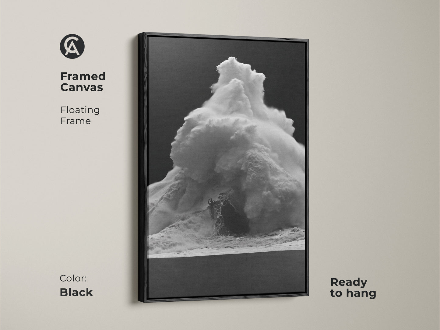 Framed monochrome wave canvas art in a black floating frame. This black and white ocean print is ready to hang. Contemporary sea spray decor for a modern space. The surfer beach wall art adds a coastal touch. A stylish ocean storm canvas for a contemporary home.