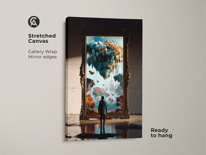Stretched canvas art featuring surreal floating islands. Gallery wrapped with mirror edges. Ready to hang and admire. The artwork is a dreamy portal wall art.