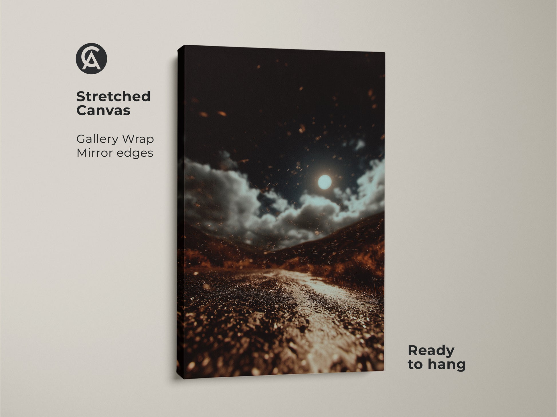 The stretched canvas features a moonlit road. It's a dark brown landscape art with gray and orange tones. This eclectic home decor is adventure themed. This nature wall art print is ready to hang. The celestial night sky canvas brings a moody landscape. It's a perfect gift for travel lovers. Add wanderlust to your walls.