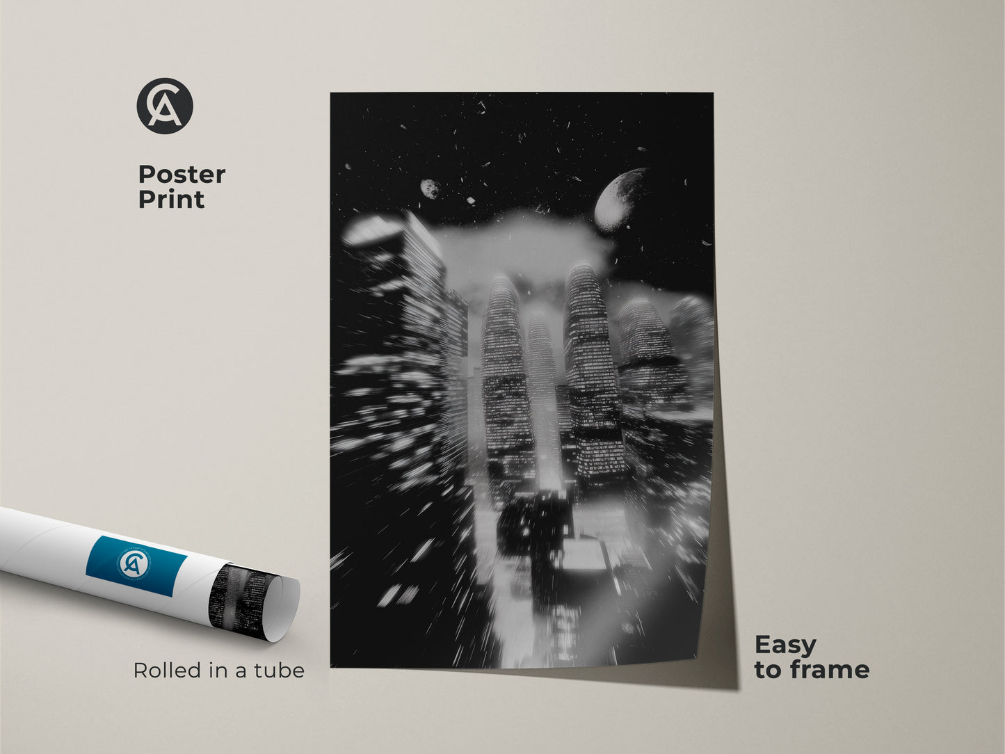 A poster print showcases abstract skyscrapers under a night sky. This monochrome cityscape offers easy framing. Rolled in a tube this modern urban art makes a stylish statement. Ideal city art for apartment living or as a contemporary gift.