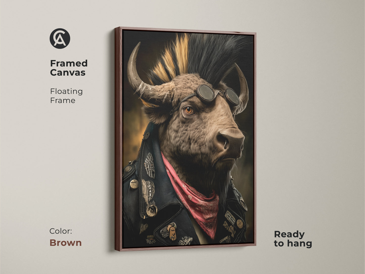 Brown Framed Canvas presenting a mohawk biker buffalo. The gothic buffalo artwork includes a floating frame. This canvas art adds a unique touch to eclectic interiors. Perfect as a man cave decor gift for rock music fans. Ready to hang and complements punk interiors.