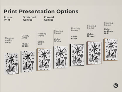 Print presentation options for abstract linocut art. Choose between poster print stretched canvas or framed canvas. Each option features a black and white art print of a child bird motif with a starburst. Find the perfect unique art for home decor.