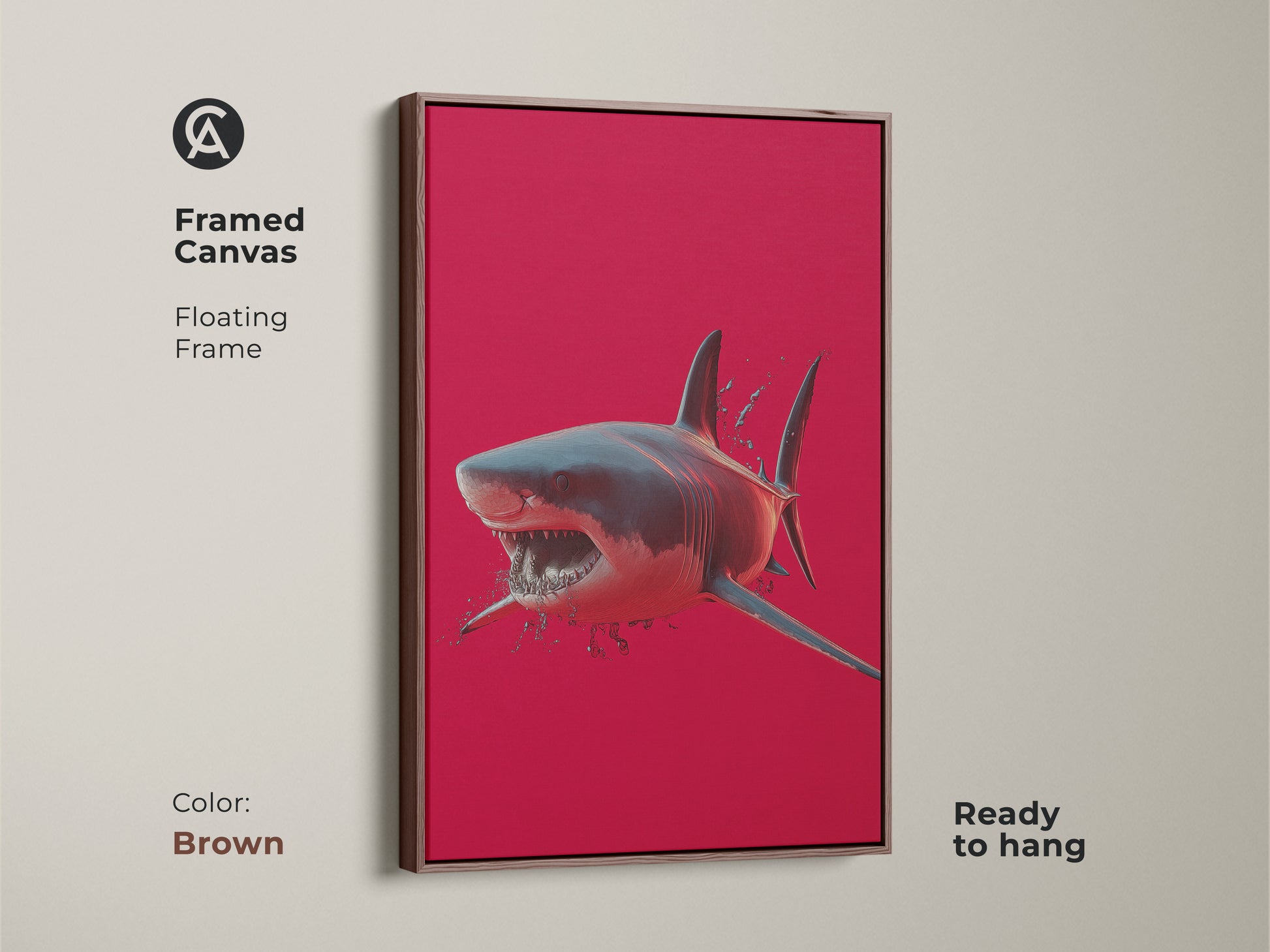 A framed canvas features great white shark art. The brown floating frame complements the crimson ocean wall art. This ready to hang red animal print is stunning. A unique animal artwork.