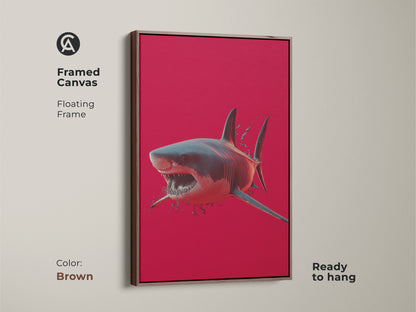 A framed canvas features great white shark art. The brown floating frame complements the crimson ocean wall art. This ready to hang red animal print is stunning. A unique animal artwork.