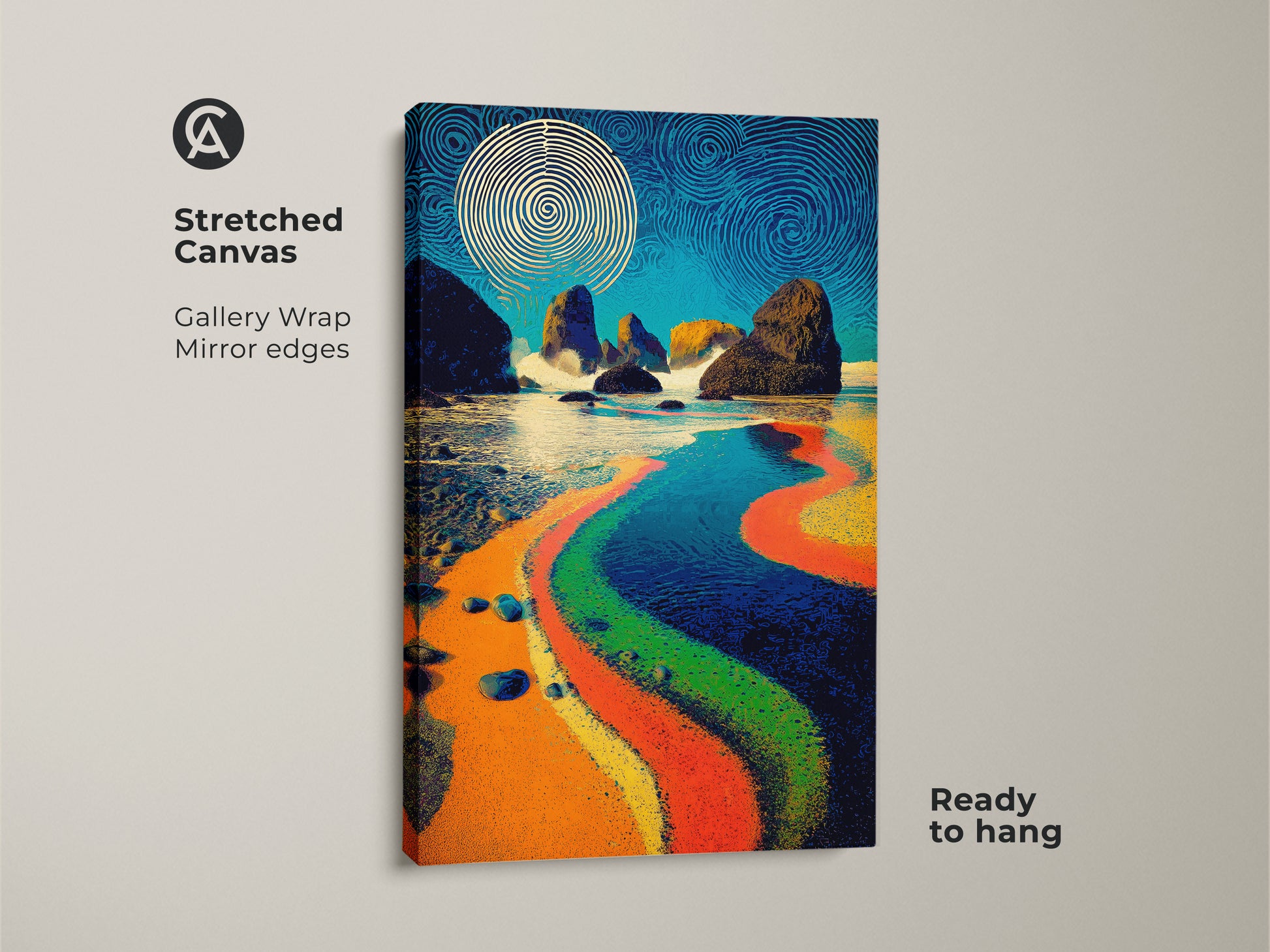 A Stretched Canvas showcasing abstract beach artwork ready to hang. This gallery wrap print features mirror edges for a seamless look. Ocean waves and rocks create a unique design. This psychedelic canvas artwork makes a bold statement in any room with its vibrant colors.