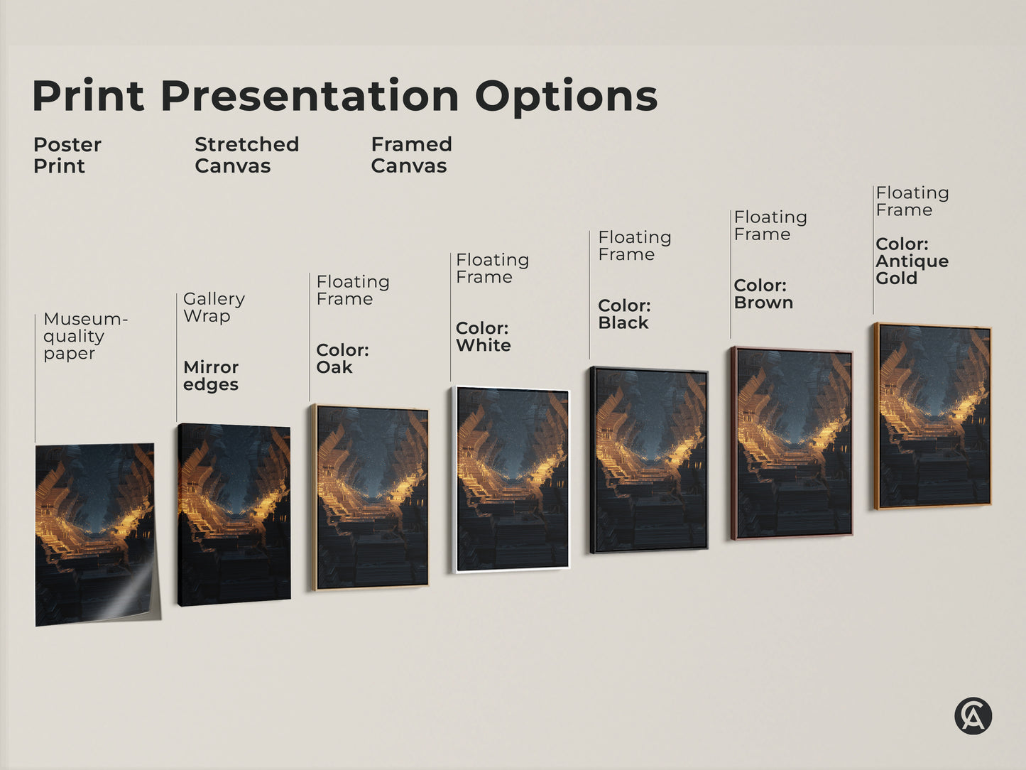 Print presentation options featuring abstract fractal tunnel art. Choose from poster print stretched canvas or framed canvas. Floating frame options in oak white black brown and antique gold.