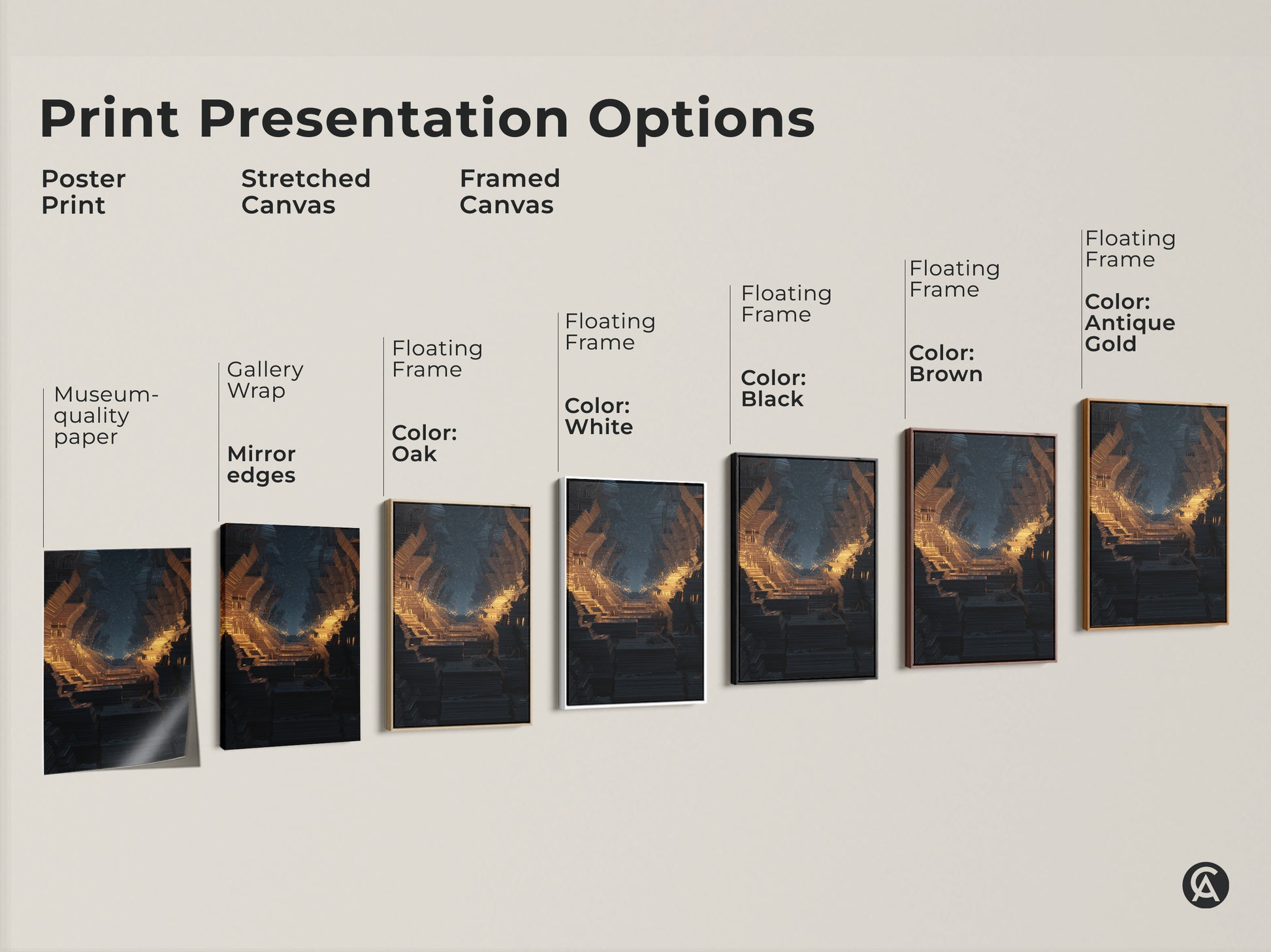 Print presentation options featuring abstract fractal tunnel art. Choose from poster print stretched canvas or framed canvas. Floating frame options in oak white black brown and antique gold.