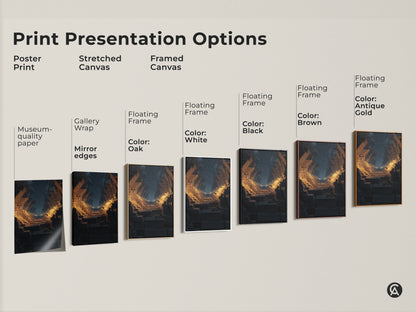 Print presentation options featuring abstract fractal tunnel art. Choose from poster print stretched canvas or framed canvas. Floating frame options in oak white black brown and antique gold.