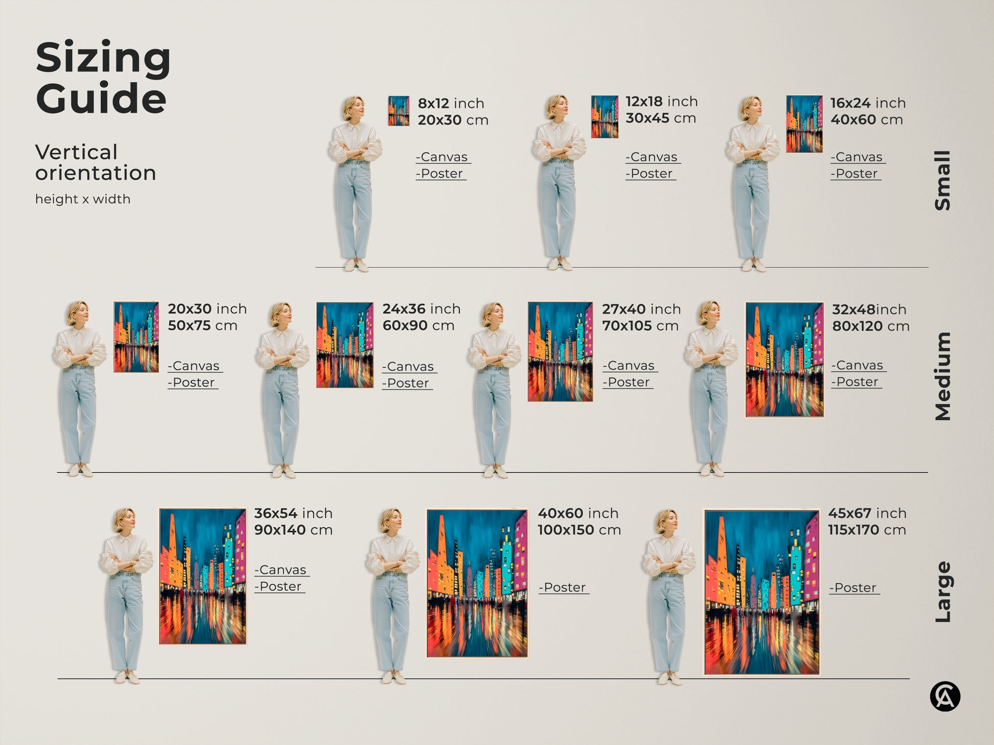 Sizing guide for vertical abstract cityscape art. Available as canvas or poster in sizes from 8x12 to 45x67 inches. The teal blue and orange pink artwork is perfect for adding a touch of contemporary city view to your home.