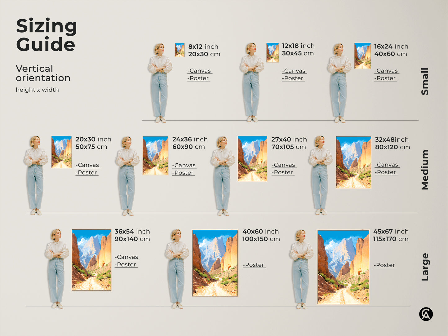 Find the perfect size for your desert landscape canvas print. This sizing guide showcases vertical orientation options for the mountain art. These artworks offer various sizes from small to large. The canyon road scenery enhances any wall decor for home or office. Great as a travel lover gift.