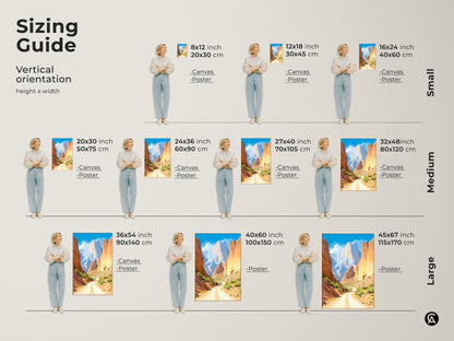 Find the perfect size for your desert landscape canvas print. This sizing guide showcases vertical orientation options for the mountain art. These artworks offer various sizes from small to large. The canyon road scenery enhances any wall decor for home or office. Great as a travel lover gift.