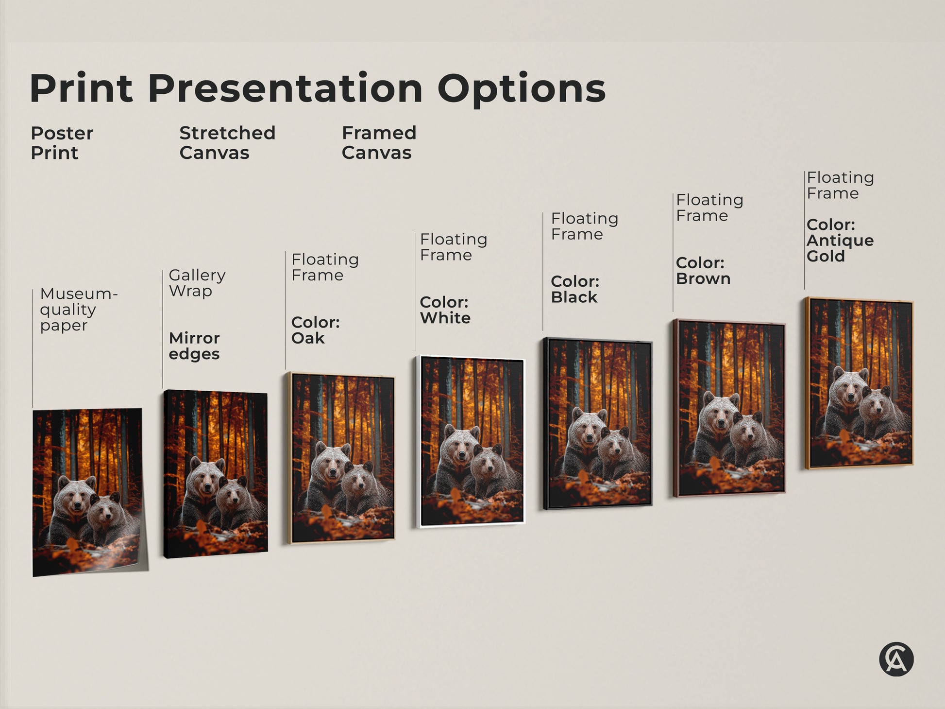 Explore print presentation options for realistic bear family art. See poster prints stretched canvases and framed canvases. Visualize gallery wraps and floating frames. Find the perfect rustic animal decor for your home. Bring the autumn forest indoors with this nature art. A thoughtful gift idea.