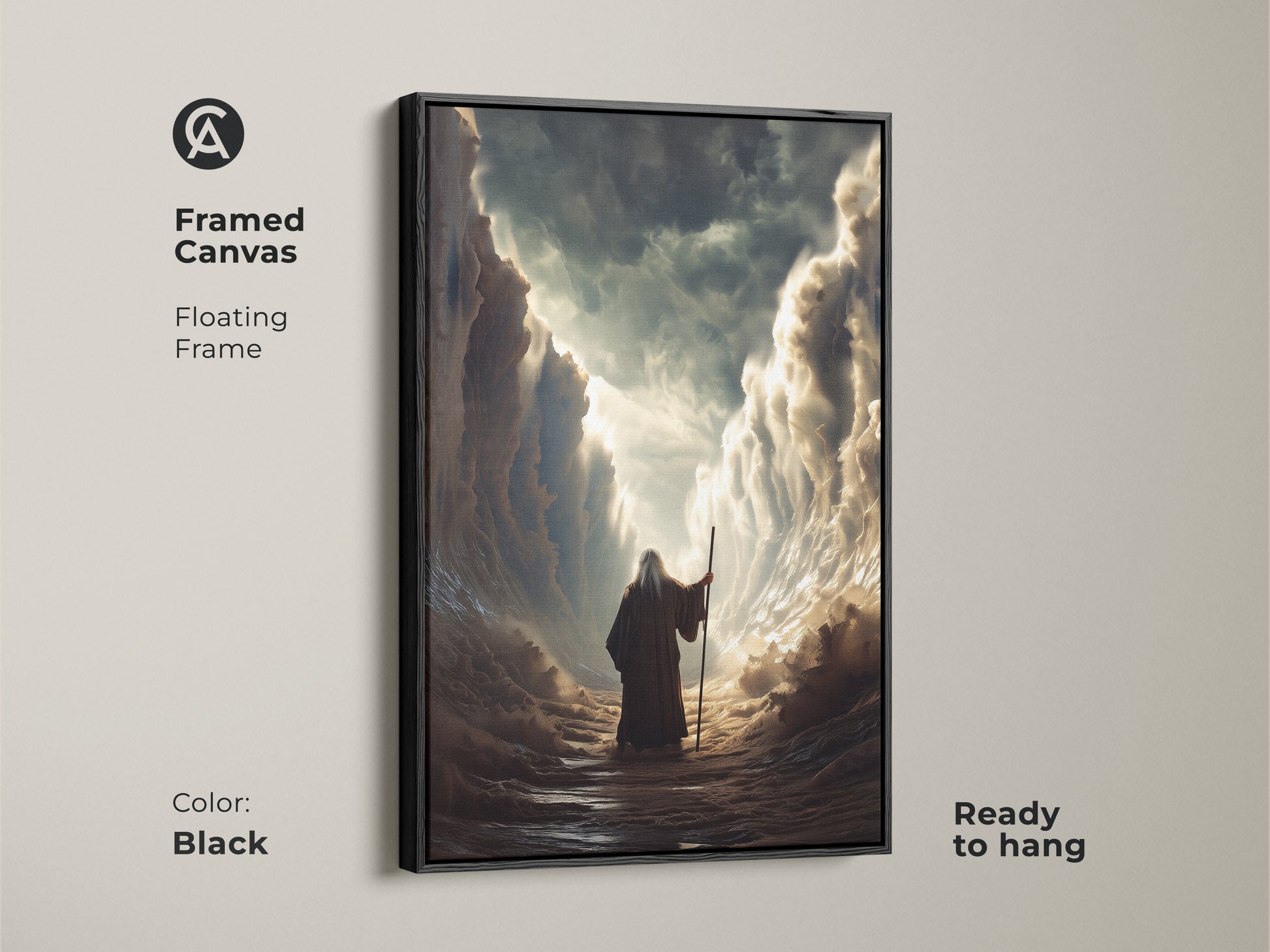 Enhance your home with this framed canvas art of Moses parting the Red Sea. The floating frame adds a touch of elegance. This ready-to-hang religious artwork in black will inspire daily reflection and add a touch of history to any space.