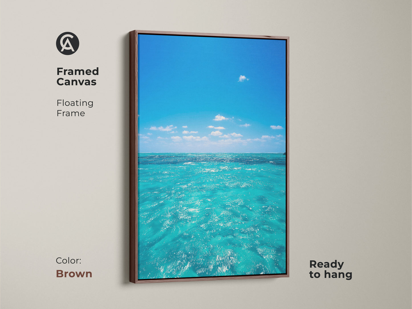Framed canvas of turquoise ocean waves with a brown floating frame. This blue water sky landscape painting offers a realistic seascape. Enhance your living space with this nautical bedroom decor.