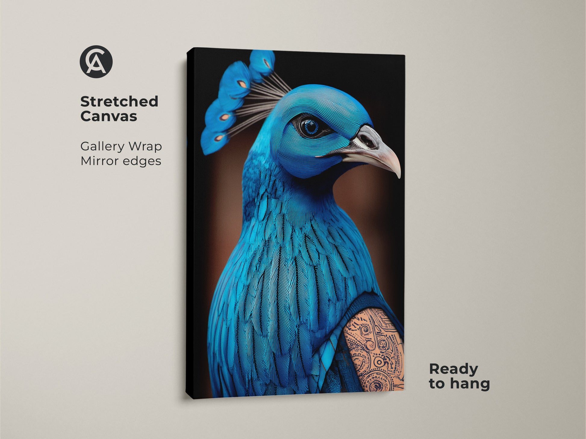 Stretched Canvas featuring electric blue surreal peacock artwork. Gallery wrapped canvas art with mirror edges. This tattoo art style print is ready to hang. Bring an eclectic animal art to your living space with this surreal bird canvas print.