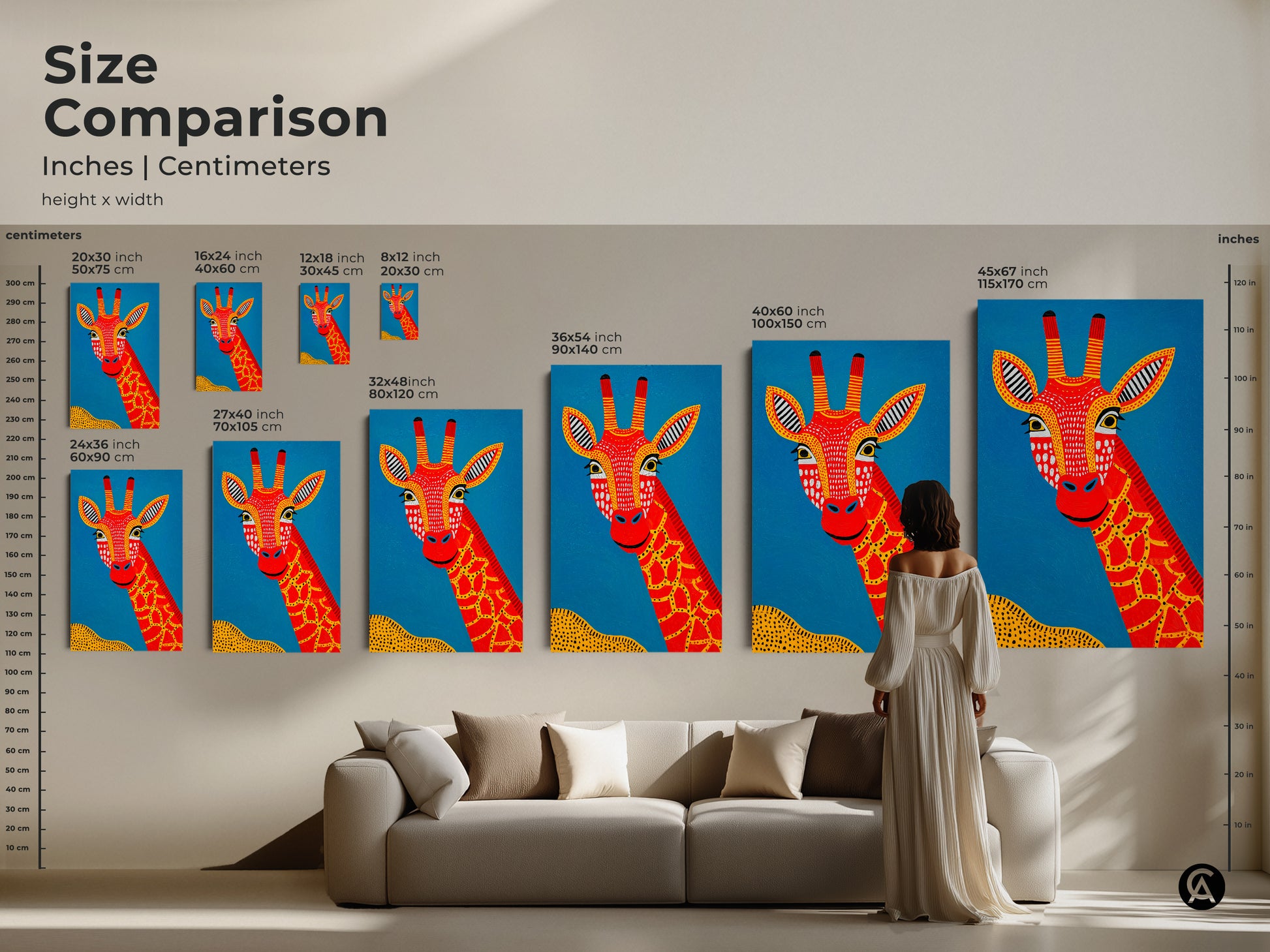 Size comparison of the Tribal Giraffe Canvas Art. See how different dimensions fit above a sofa. Ranging from 20x30 inch to 45x67 inch. Visualize the impact of this Boho Folk style artwork in your living space. Choose the ideal size to enhance your contemporary home decor with this unique animal print.