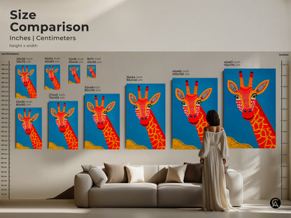 Size comparison of the Tribal Giraffe Canvas Art. See how different dimensions fit above a sofa. Ranging from 20x30 inch to 45x67 inch. Visualize the impact of this Boho Folk style artwork in your living space. Choose the ideal size to enhance your contemporary home decor with this unique animal print.