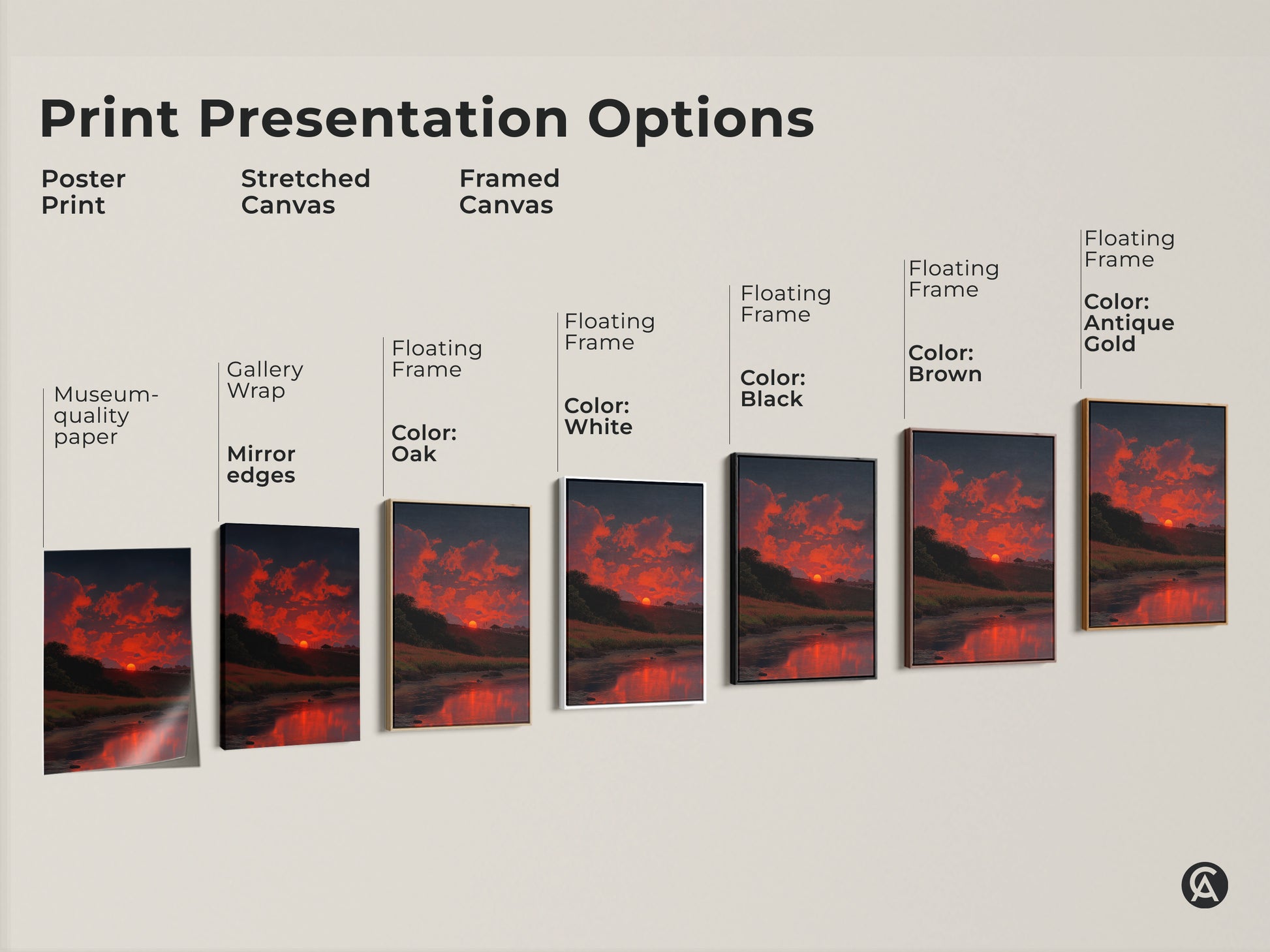 Print presentation options for a river sunset artwork. Choose from poster print stretched canvas and framed canvas. Options include museum-quality paper gallery wrap floating frames and color options for a perfect nature gift.
