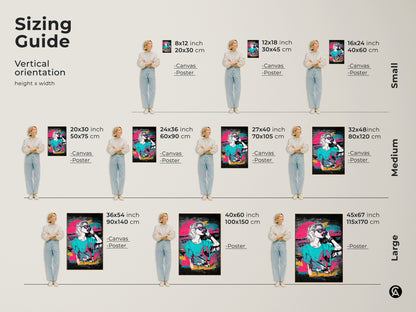 Sizing guide for vertical pop art canvas and poster prints. Features a woman with sunglasses in retro synthwave style. Available in small medium and large sizes. Pink teal and yellow colors create a vibrant 80s aesthetic. Find the perfect fit for your eclectic home decor.