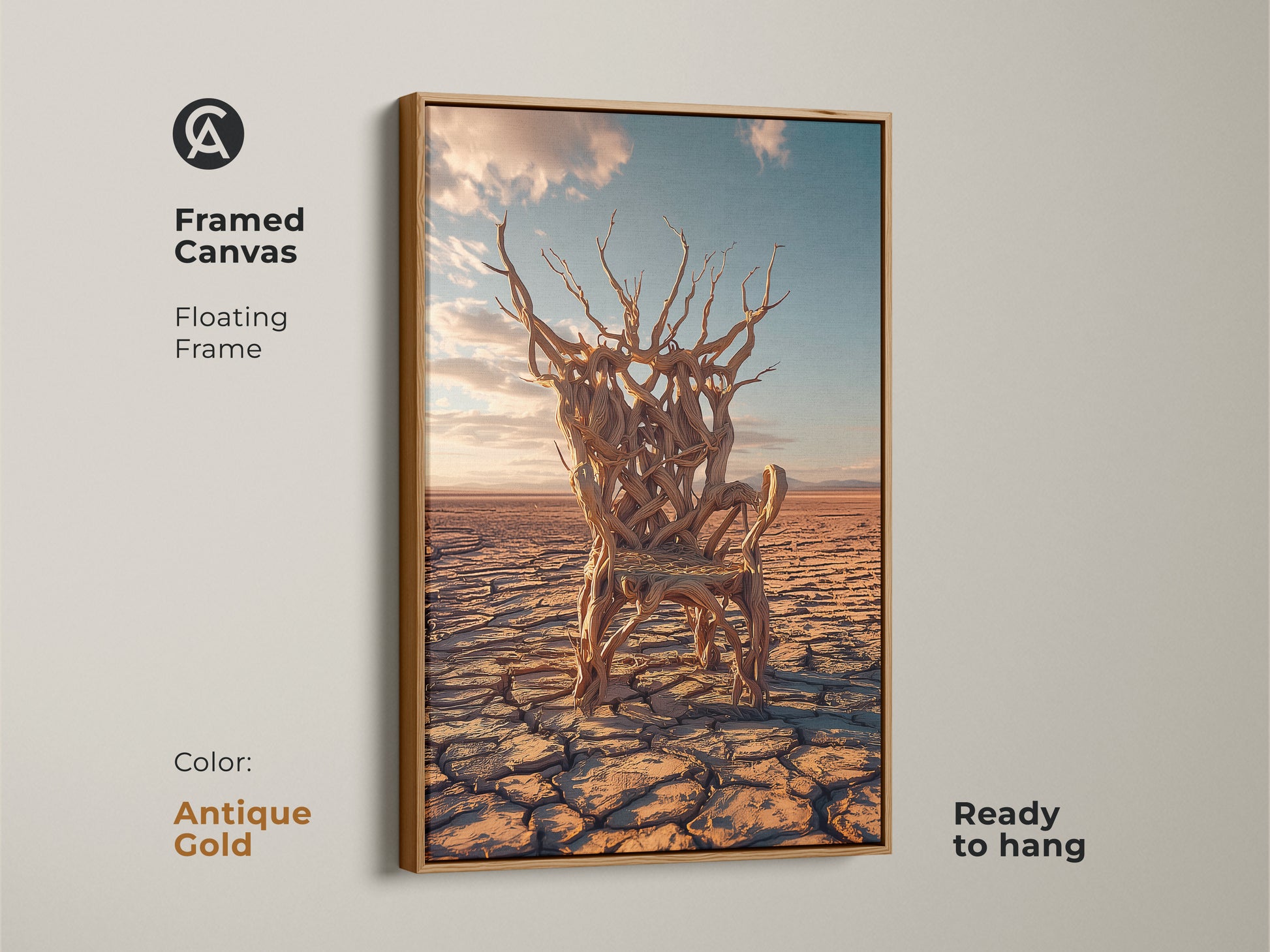 Surreal tree chair framed canvas in an antique gold floating frame. It's ready to hang. This brown and blue wall decor makes it unique conceptual art for study room decor.