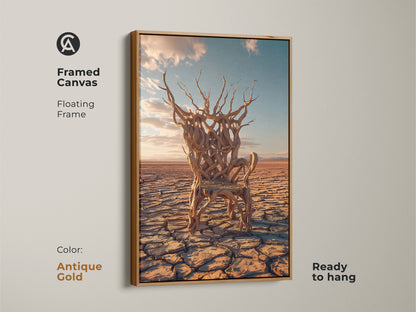 Surreal tree chair framed canvas in an antique gold floating frame. It's ready to hang. This brown and blue wall decor makes it unique conceptual art for study room decor.